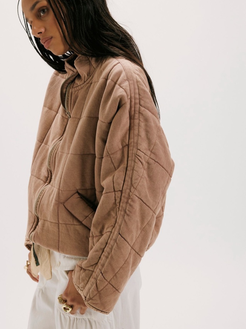 Free People Quilted Jacket in Taupe Brown